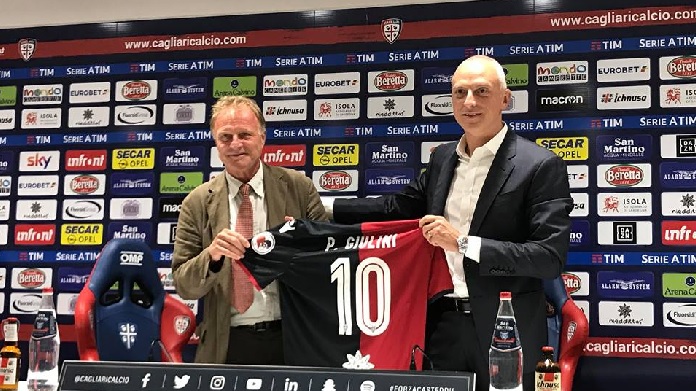 paolo giulini mario passetti maglia 10 patch conferenza presentazione sardegna arena formaggini cagliari