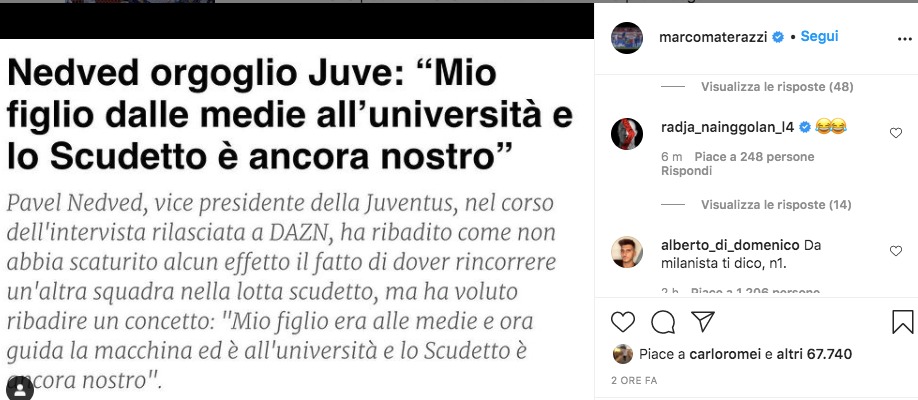 Botta e risposta tra Nedved e Materazzi: la reazione social di Nainggolan 29 WhatsApp Image 2021 03 25 at 16.29.52