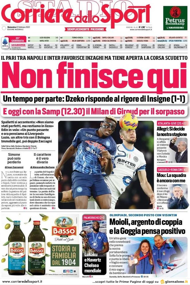Le prime pagine dei quotidiani sportivi di oggi – 13 febbraio 28 corriere dello sport 001319349