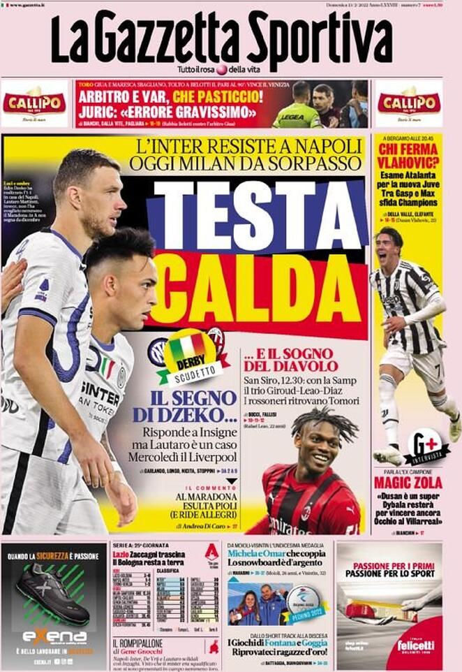 Le prime pagine dei quotidiani sportivi di oggi – 13 febbraio 29 la gazzetta dello sport 005429935