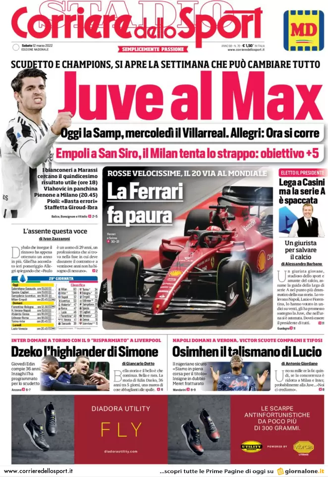 Le prime pagine dei quotidiani sportivi di oggi – 12 marzo 28 corriere dello sport 063201826