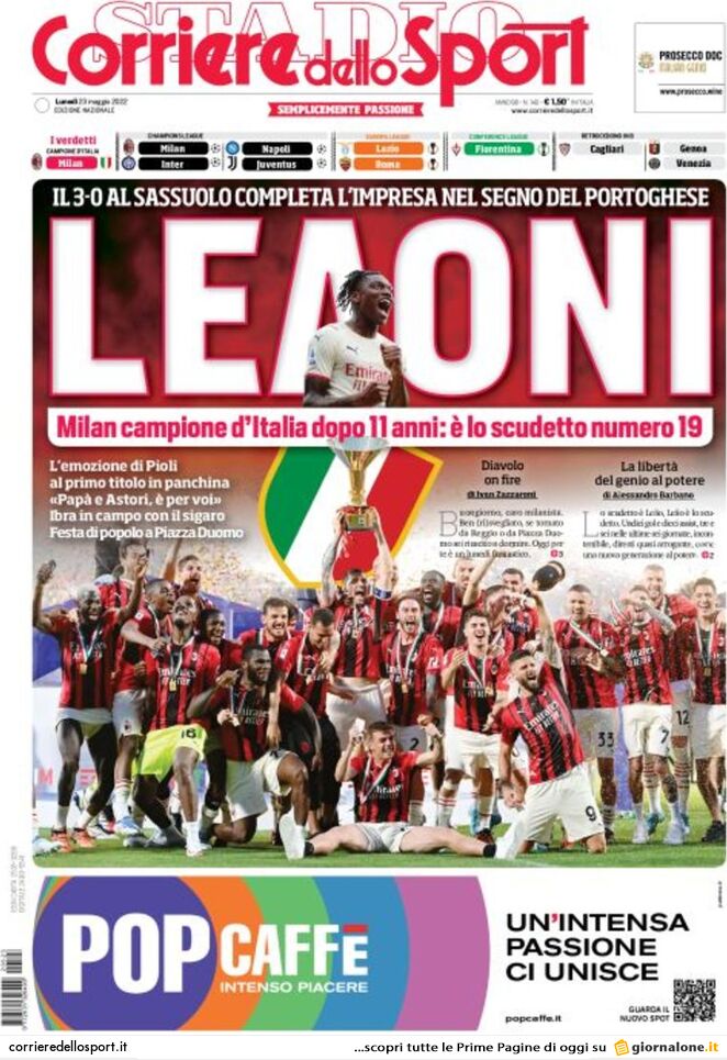 Le prime pagine dei quotidiani sportivi di oggi – 23 maggio 27 corriere dello sport 004304789