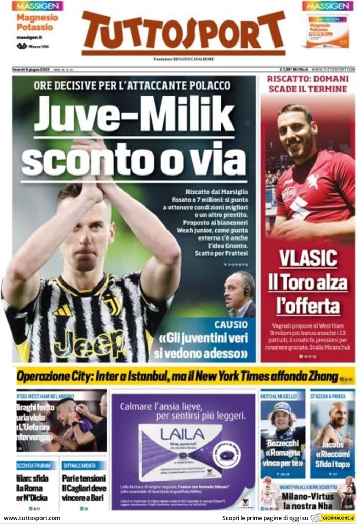 Le prime pagine dei principali quotidiani sportivi – 9 giugno 29 tuttosport 002416312