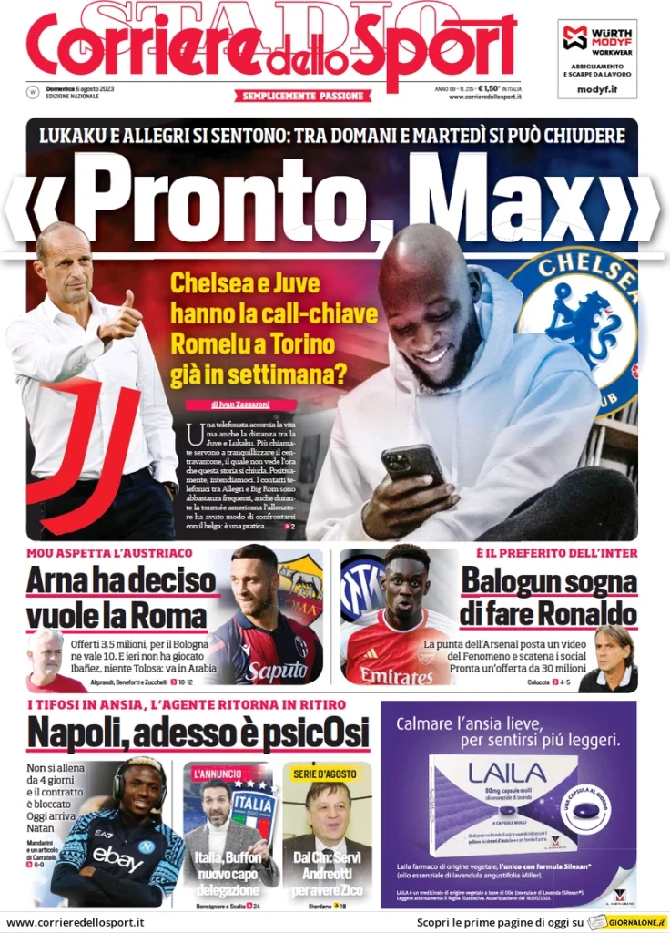 Le prime pagine dei principali quotidiani sportivi – 6 agosto 28 corriere dello sport 011204776