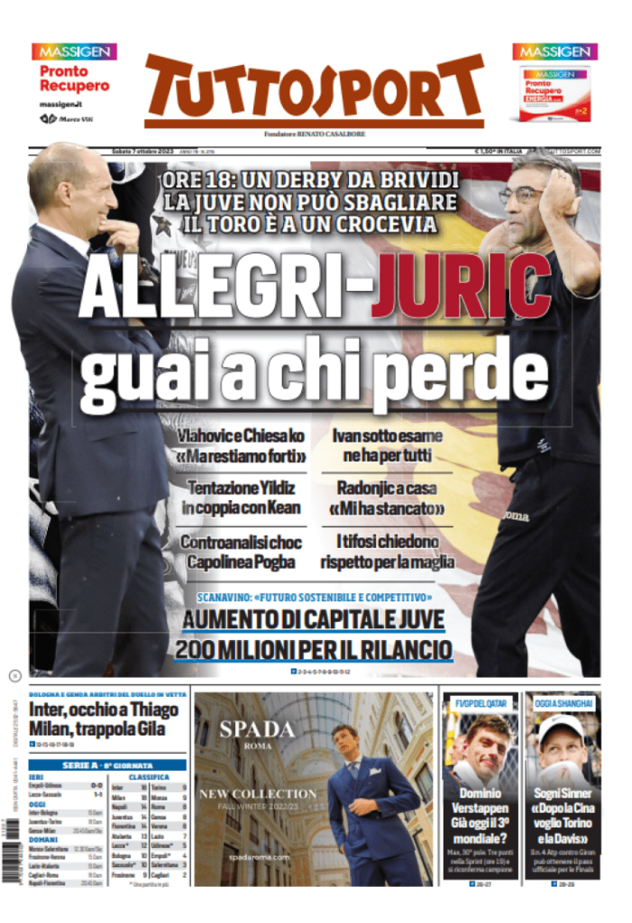 Le prime pagine dei principali quotidiani sportivi – 7 ottobre 29 tuttosport 6 ottobre 2023 1 768x1122 1