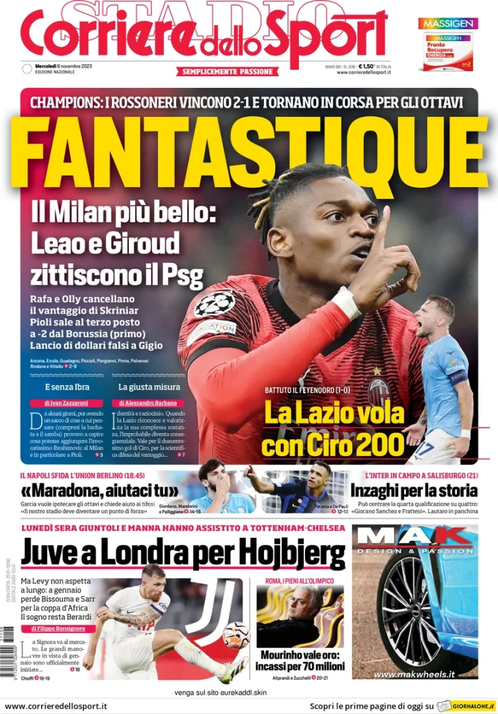 Le prime pagine dei principali quotidiani sportivi – 8 novembre 28 corriere dello sport 070706507