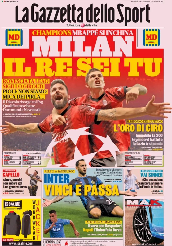 Le prime pagine dei principali quotidiani sportivi – 8 novembre 27 la gazzetta dello sport 040304745
