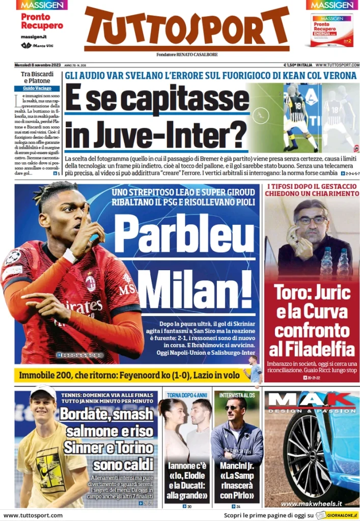 Le prime pagine dei principali quotidiani sportivi – 8 novembre 29 tuttosport 015305096