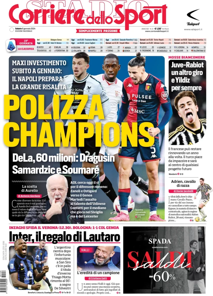 Le prime pagine dei principali quotidiani sportivi – 6 gennaio 28 corriere dello sport 065259167