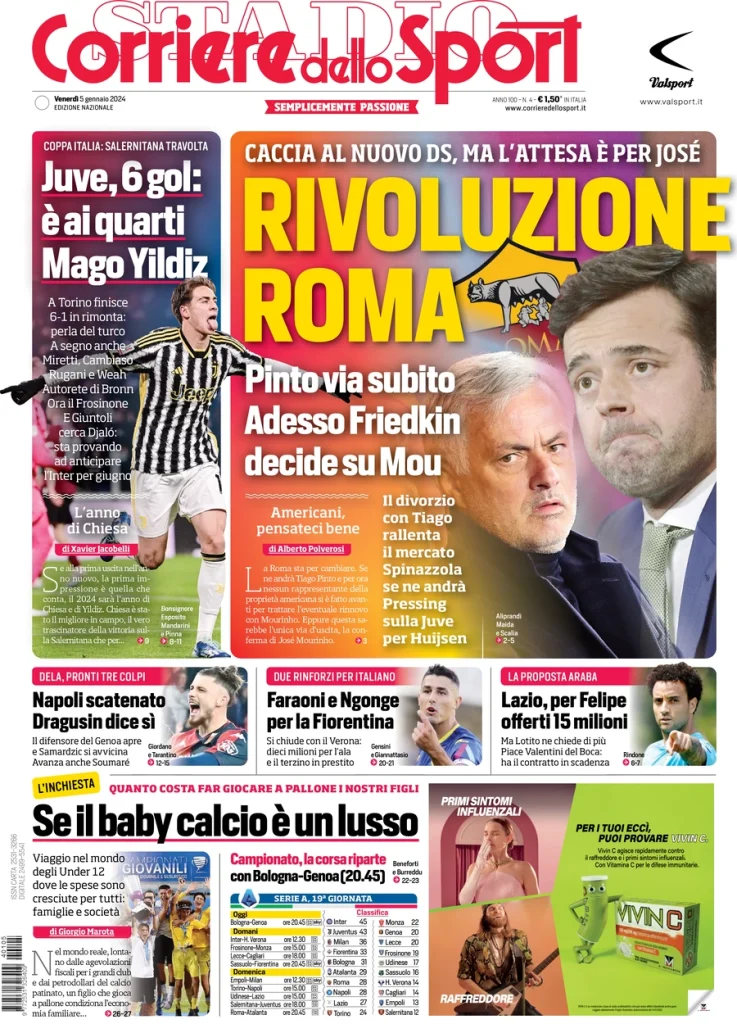 Le prime pagine dei principali quotidiani sportivi – 5 gennaio 28 corriere dello sport 070836288
