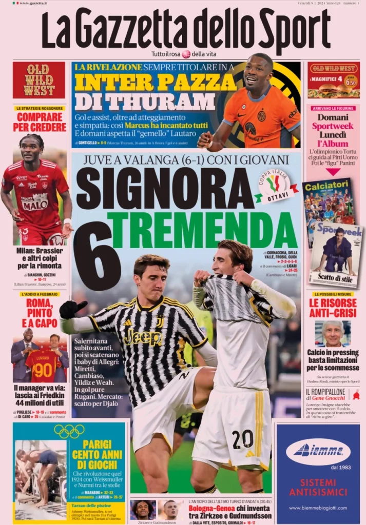 Le prime pagine dei principali quotidiani sportivi – 5 gennaio 27 la gazzetta dello sport 051201520