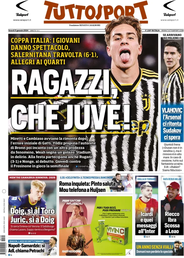 Le prime pagine dei principali quotidiani sportivi – 5 gennaio 29 tuttosport 070738756