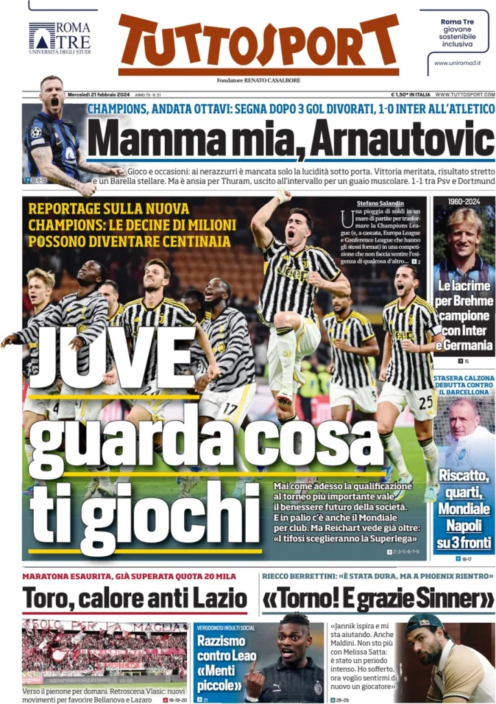 Le prime pagine dei principali quotidiani sportivi – 21 febbraio 29 tuttosport 023017655