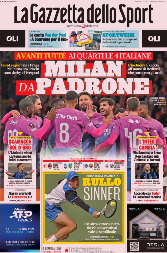 Le prime pagine dei principali quotidiani sportivi – 15 marzo 27 la gazzetta dello sport 040808827
