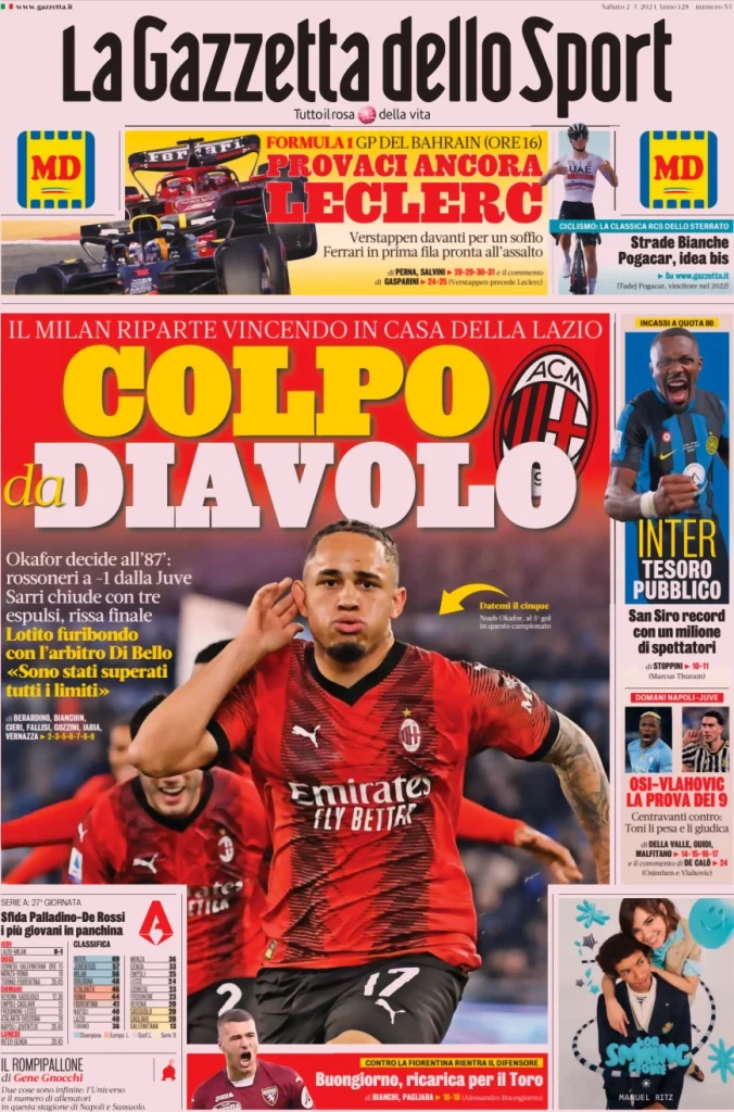 Le prime pagine dei principali quotidiani sportivi – 2 marzo 27 la gazzetta dello sport 050308609