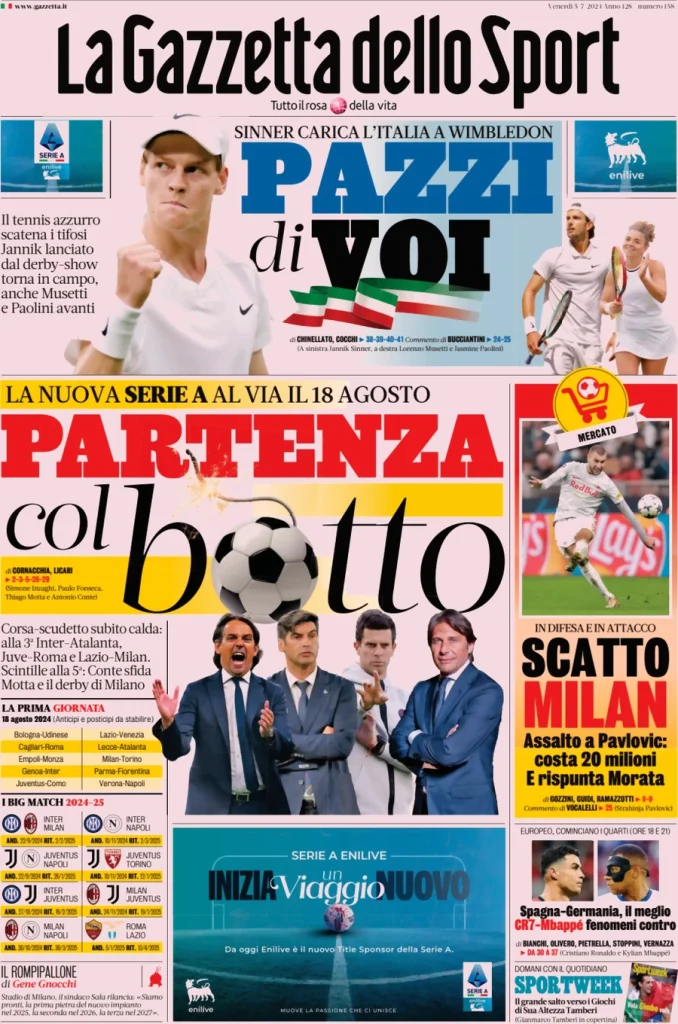 Le prime pagine dei principali quotidiani sportivi – 5 luglio 27 la gazzetta dello sport 050304863