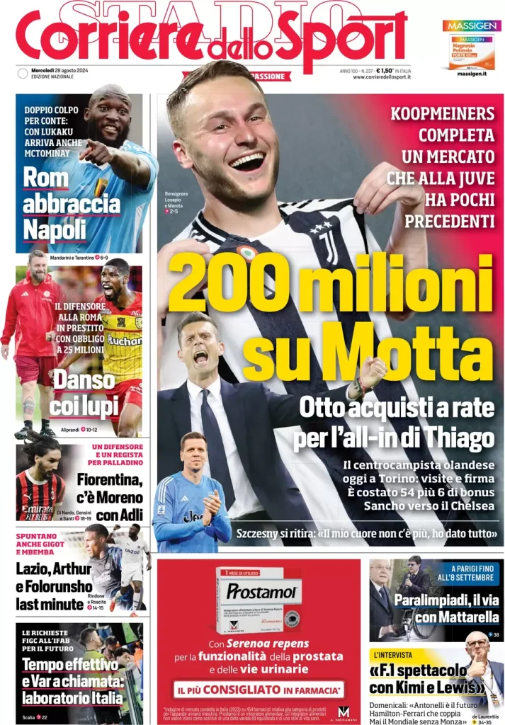 Le prime pagine dei principali quotidiani sportivi – 28 agosto 28 corriere dello sport 021213700