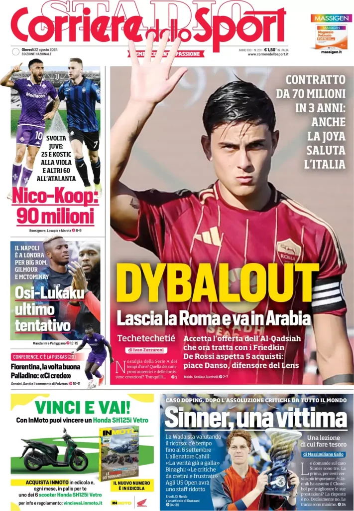 Le prime pagine dei principali quotidiani sportivi – 22 agosto 28 corriere dello sport 032553012