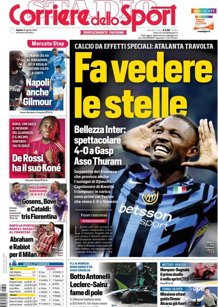 Le prime pagine dei principali quotidiani sportivi – 31 agosto 28 corriere dello sport 061746894