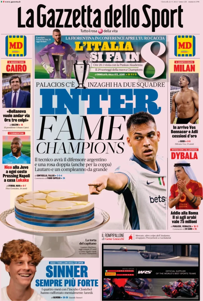 Le prime pagine dei principali quotidiani sportivi – 22 agosto 27 la gazzetta dello sport 030804764