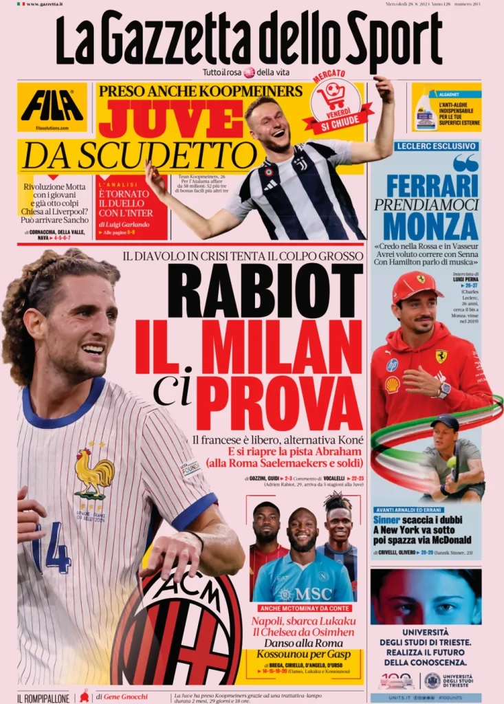 Le prime pagine dei principali quotidiani sportivi – 28 agosto 27 la gazzetta dello sport 050805909