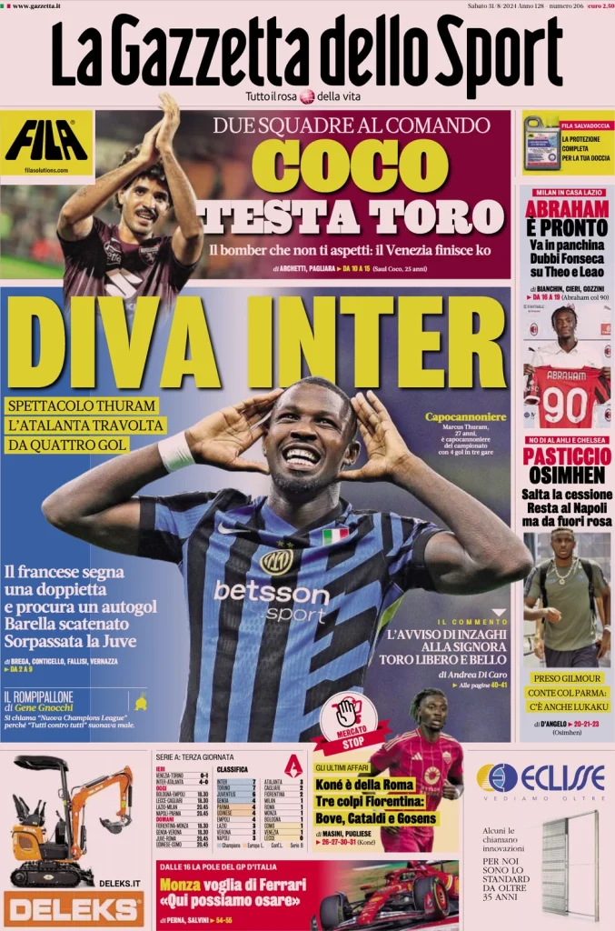 Le prime pagine dei principali quotidiani sportivi – 31 agosto 27 la gazzetta dello sport 064120641