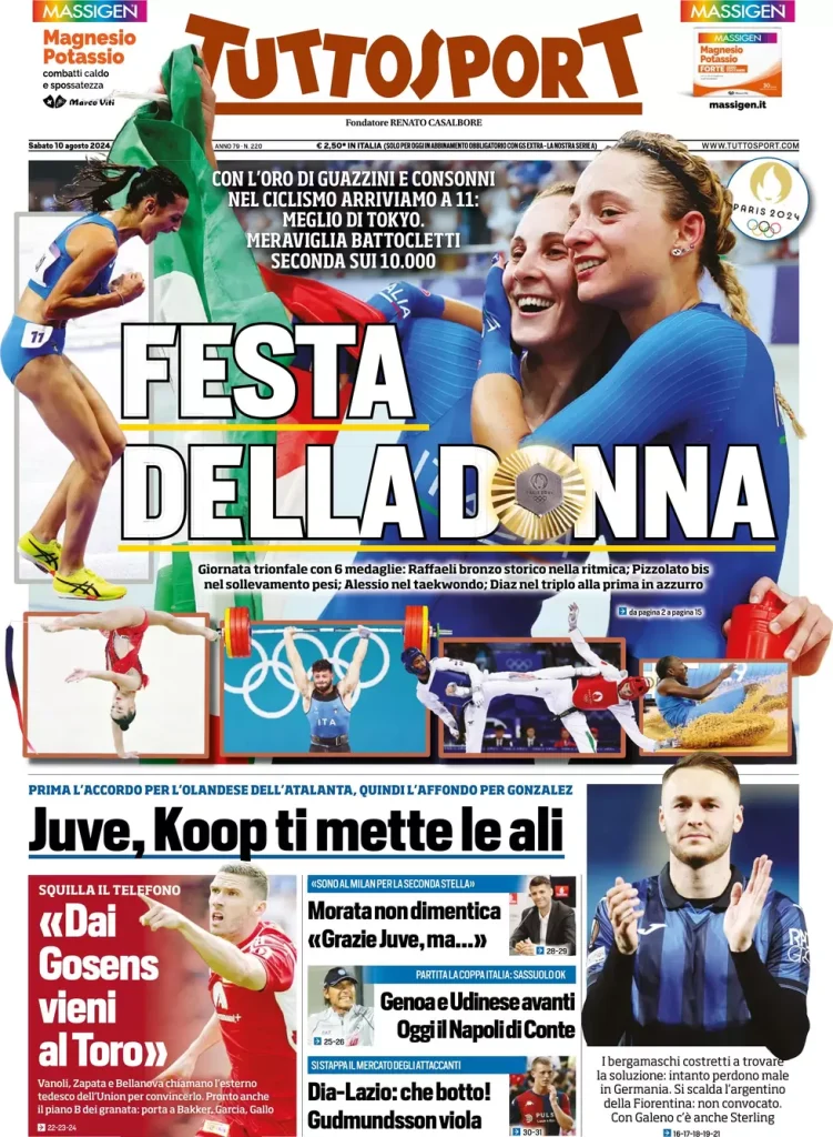 Le prime pagine dei principali quotidiani sportivi – 10 agosto 29 tuttosport 021204892