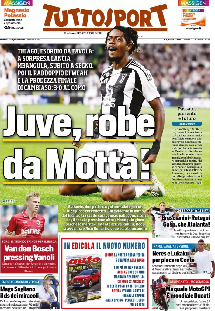 Le prime pagine dei principali quotidiani sportivi – 20 agosto 29 tuttosport 021205402