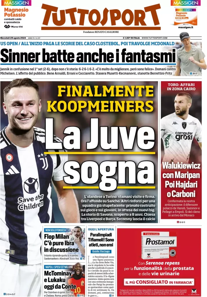 Le prime pagine dei principali quotidiani sportivi – 28 agosto 29 tuttosport 021206555