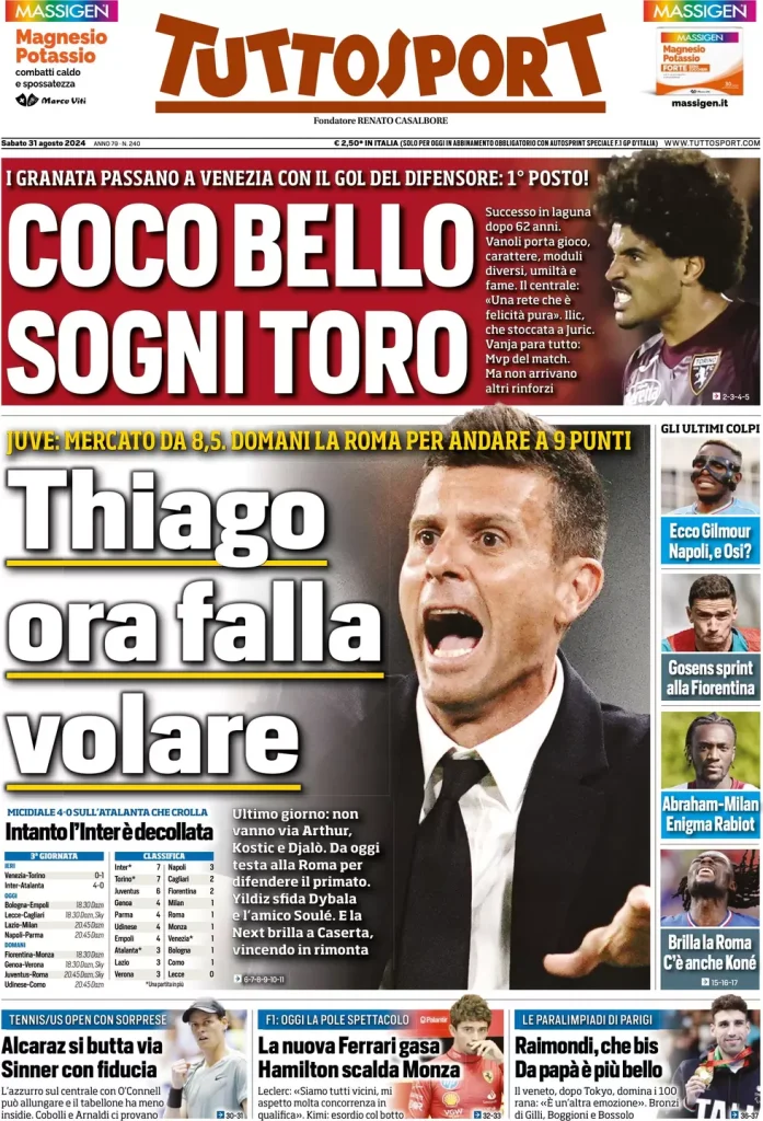 Le prime pagine dei principali quotidiani sportivi – 31 agosto 29 tuttosport 021207231