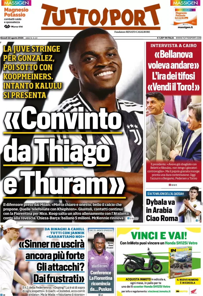 Le prime pagine dei principali quotidiani sportivi – 22 agosto 29 tuttosport 021207283