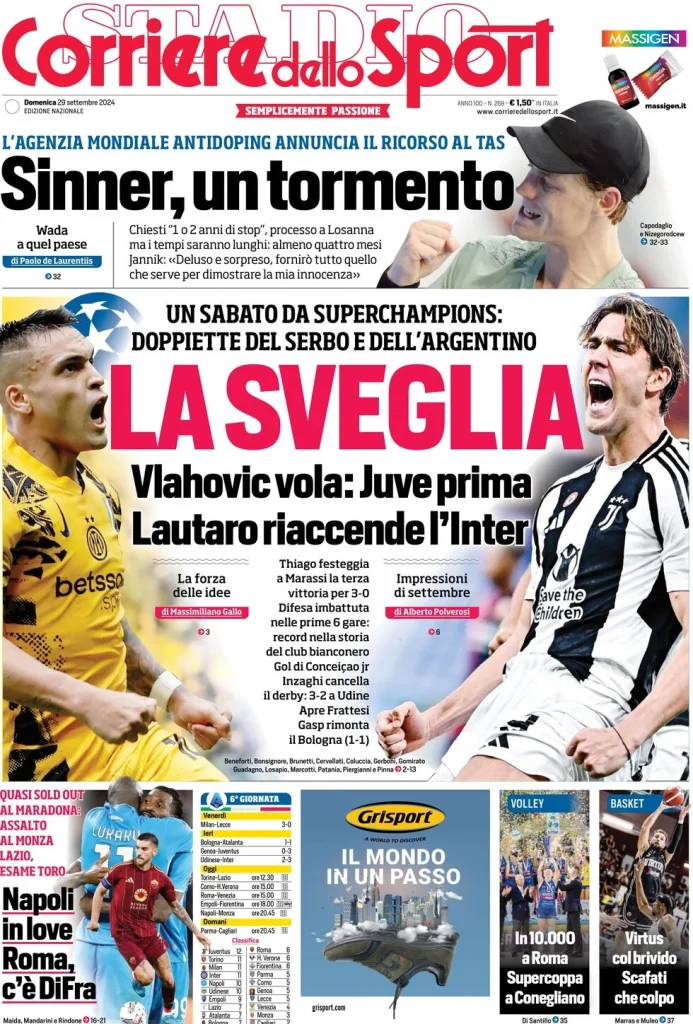 Le prime pagine dei principali quotidiani sportivi – 29 settembre 28 corriere dello sport 021219547