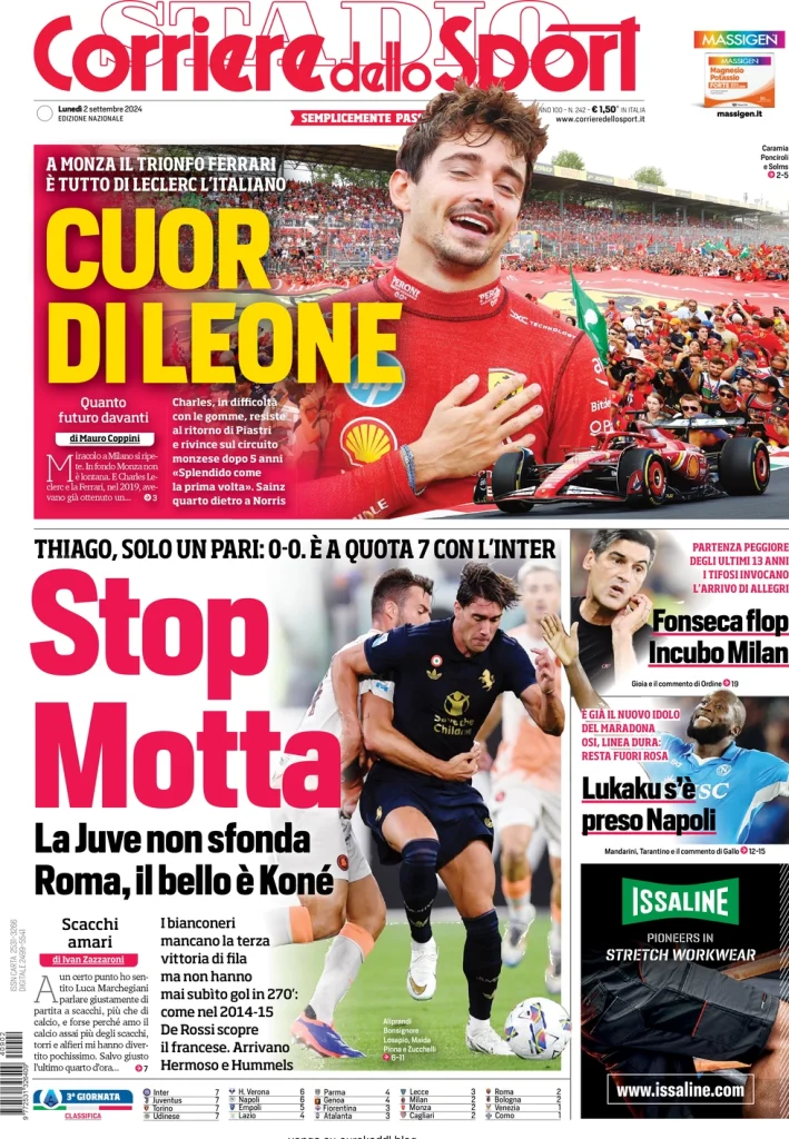 Le prime pagine dei principali quotidiani sportivi – 2 settembre 28 corriere dello sport 054359343