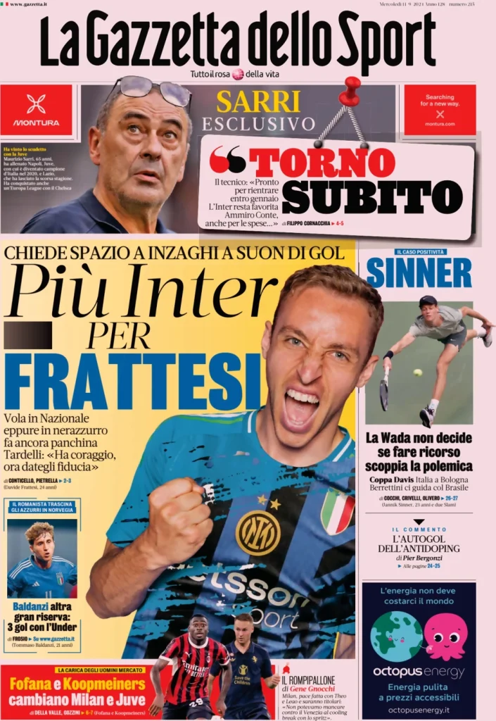 Le prime pagine dei principali quotidiani sportivi – 11 settembre 27 la gazzetta dello sport 051204443