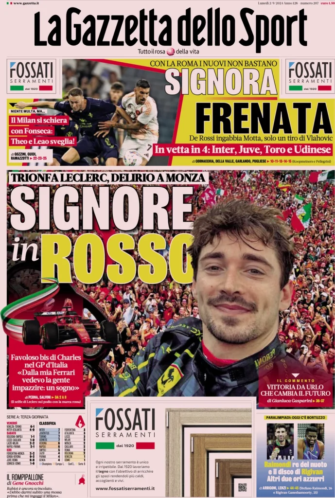 Le prime pagine dei principali quotidiani sportivi – 2 settembre 27 la gazzetta dello sport 063110380