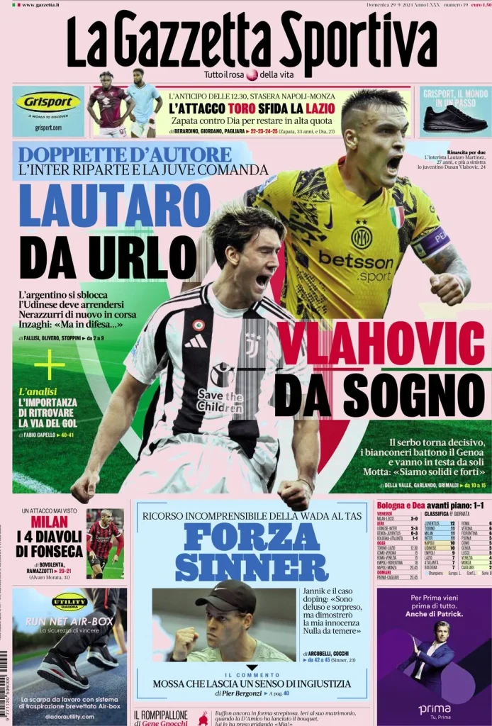Le prime pagine dei principali quotidiani sportivi – 29 settembre 27 la gazzetta dello sport 071812522