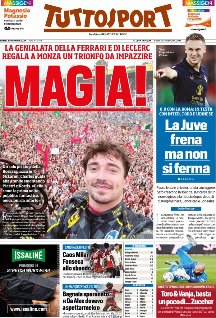 Le prime pagine dei principali quotidiani sportivi – 2 settembre 29 tuttosport 021205362