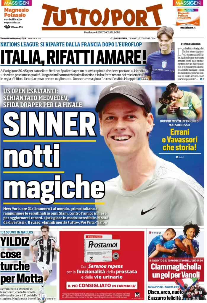 Le prime pagine dei principali quotidiani sportivi – 6 settembre 29 tuttosport 021206116
