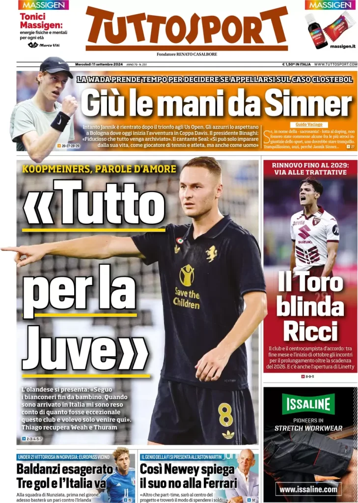 Le prime pagine dei principali quotidiani sportivi – 11 settembre 29 tuttosport 021206714