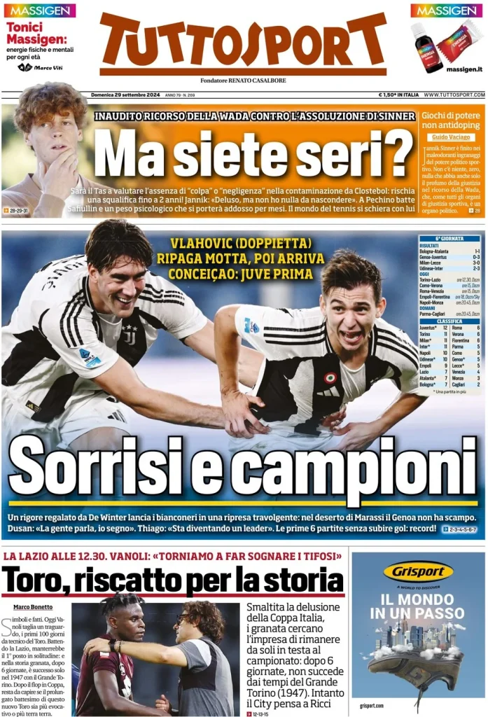Le prime pagine dei principali quotidiani sportivi – 29 settembre 29 tuttosport 021207481