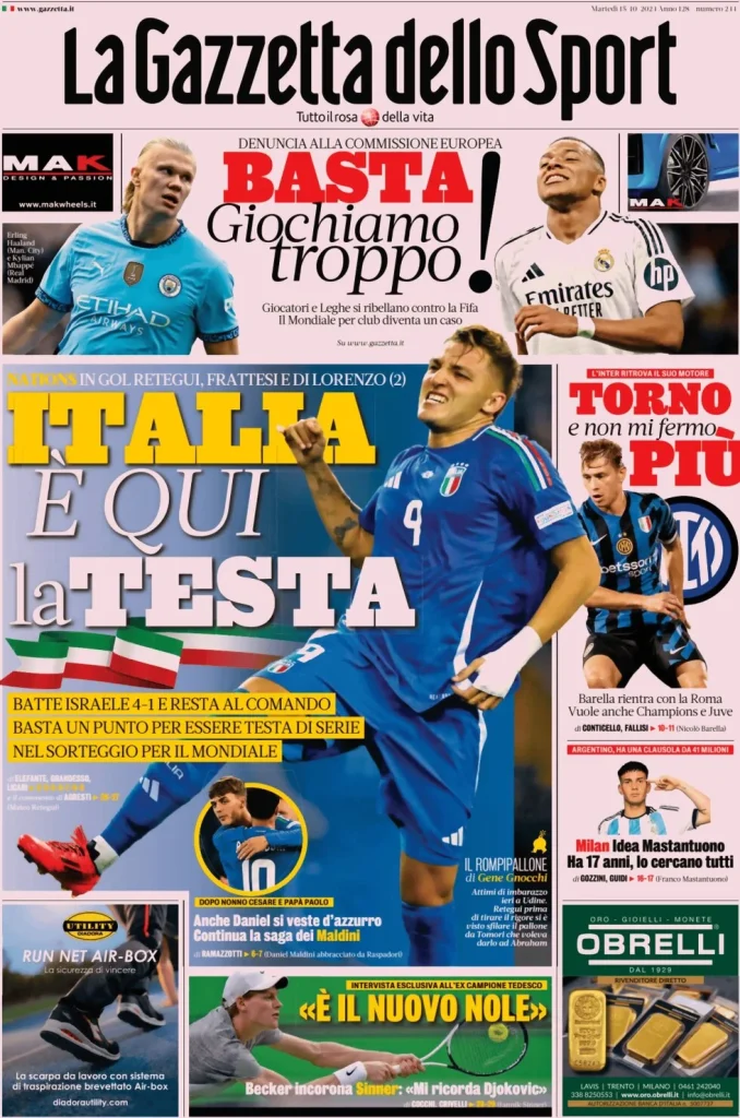 Le prime pagine dei principali quotidiani sportivi – 15 ottobre 27 la gazzetta dello sport 050806363