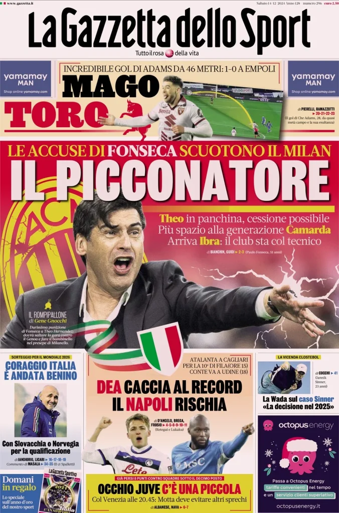 Le prime pagine dei principali quotidiani sportivi – 14 dicembre 27 la gazzetta dello sport 054413083