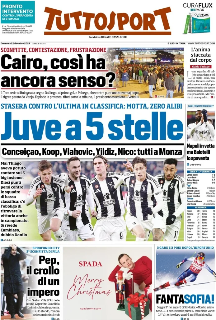 Le prime pagine dei principali quotidiani sportivi – 22 dicembre 29 tuttosport 021205219