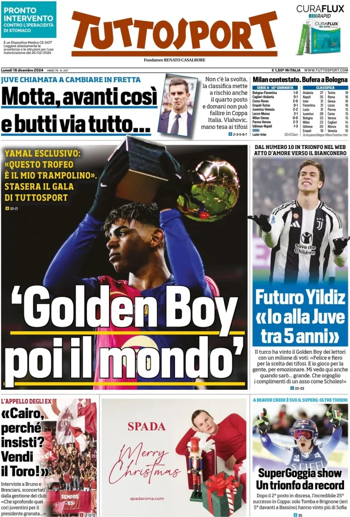 Le prime pagine dei principali quotidiani sportivi – 16 dicembre 29 tuttosport 030013892