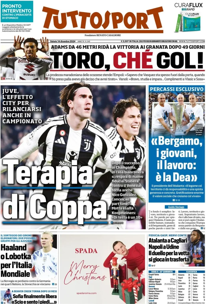 Le prime pagine dei principali quotidiani sportivi – 14 dicembre 29 tuttosport 030014497