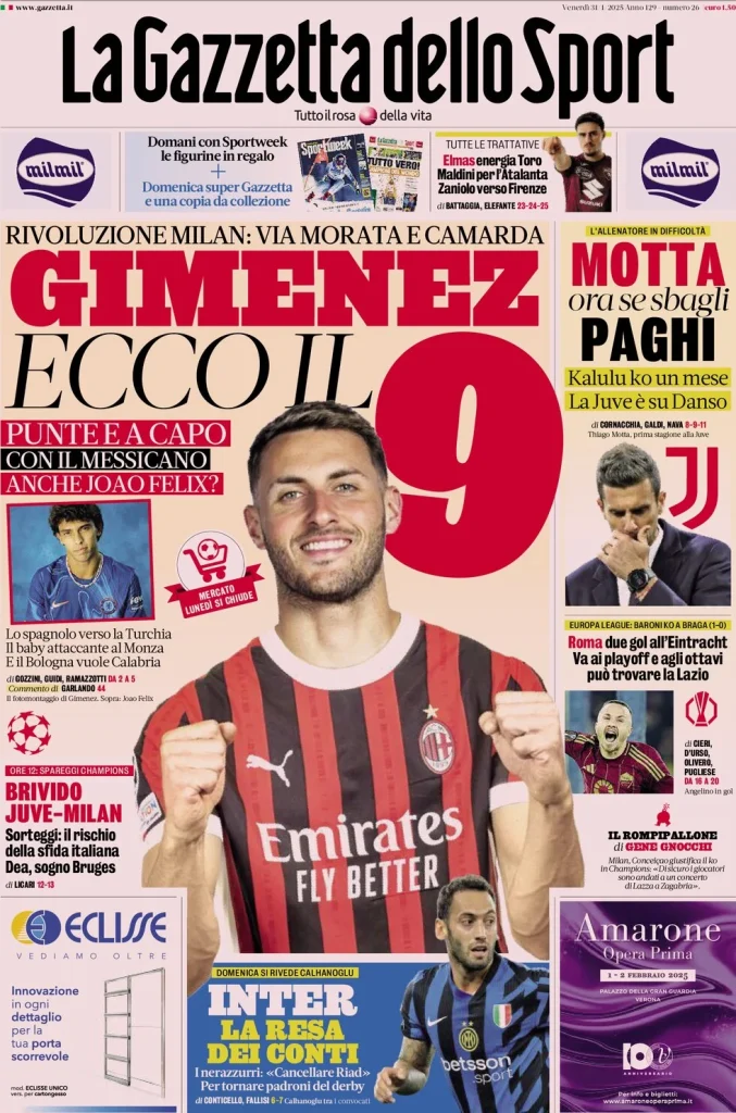 Le prime pagine dei principali quotidiani sportivi – 31 gennaio 27 la gazzetta dello sport 052812264