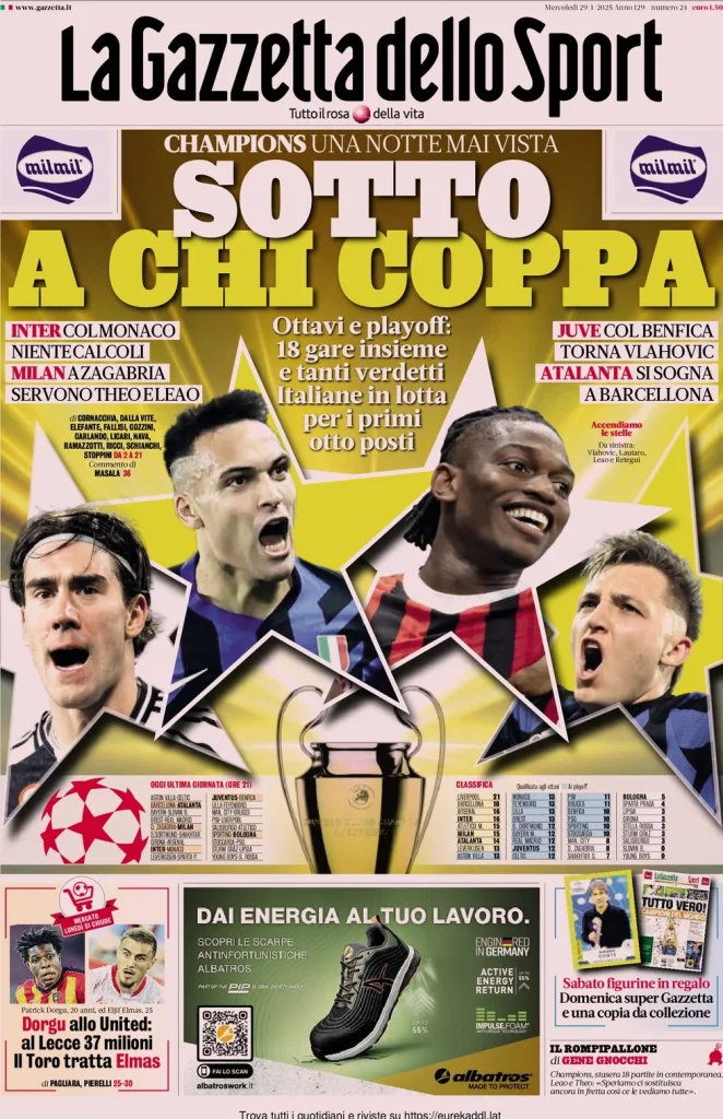 Le prime pagine dei principali quotidiani sportivi – 29 gennaio 27 la gazzetta dello sport 053307486