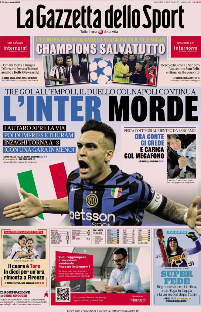 Le prime pagine dei principali quotidiani sportivi – 20 gennaio 27 la gazzetta dello sport 071308409