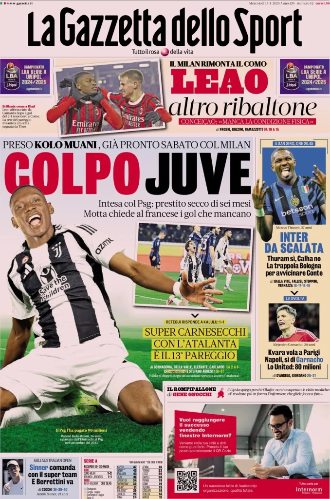 Le prime pagine dei principali quotidiani sportivi – 15 gennaio 27 la gazzetta dello sport 072013143