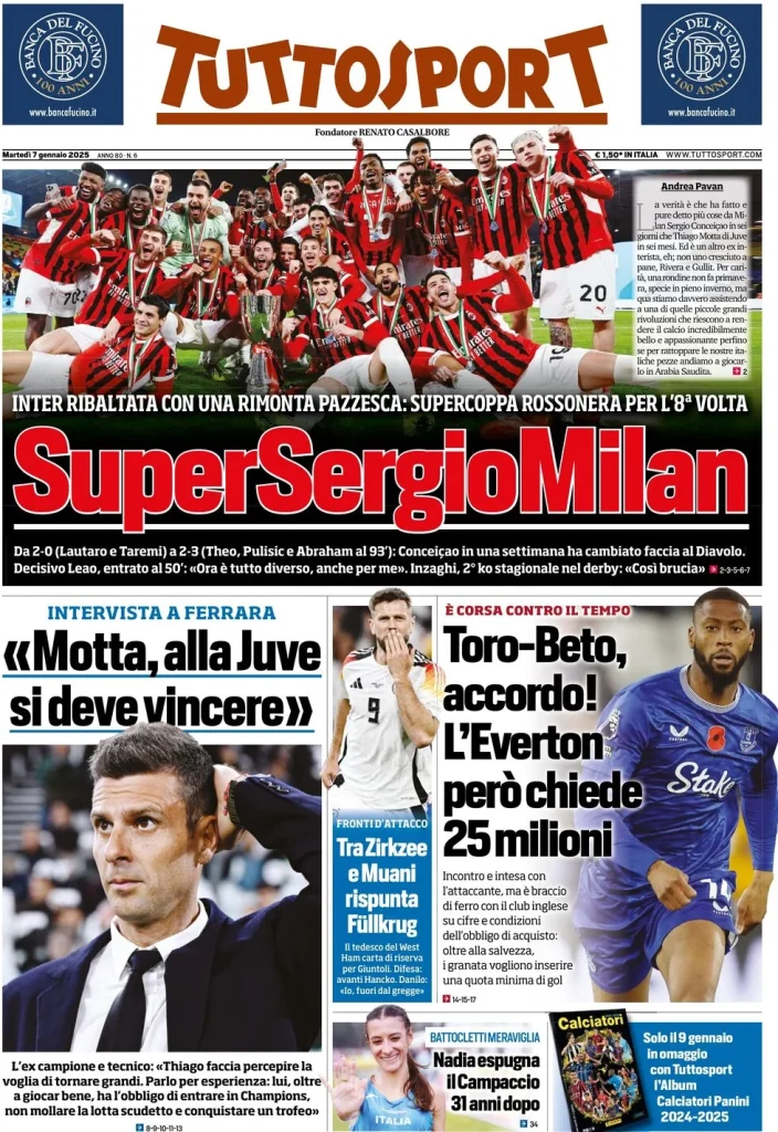 Le prime pagine dei principali quotidiani sportivi – 7 gennaio 29 tuttosport 021204957